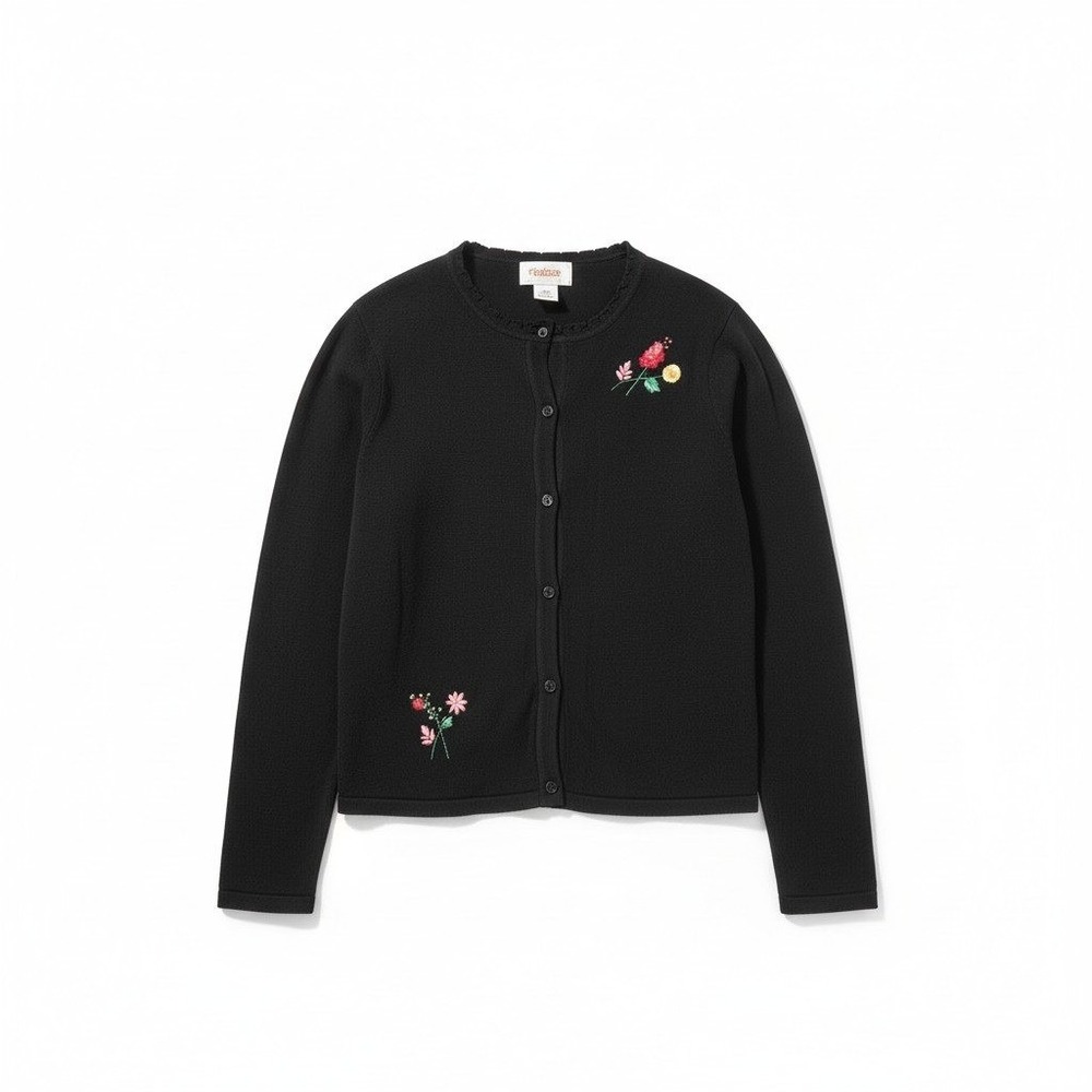 Talbots Petites Black Floral Embroidered Button Front Cardigan, Woman's Size 6P